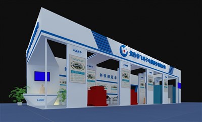 120平米展臺設(shè)計(jì)制作：二面開口/前衛(wèi)/木質(zhì)結(jié)構(gòu)/藍(lán)色，為電子展展商而作（免費(fèi)使用）