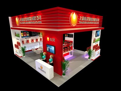 72平米展臺設(shè)計(jì)制作：三面開口/現(xiàn)代/木質(zhì)結(jié)構(gòu)/紅色，為化工展展商而作（免費(fèi)使用）