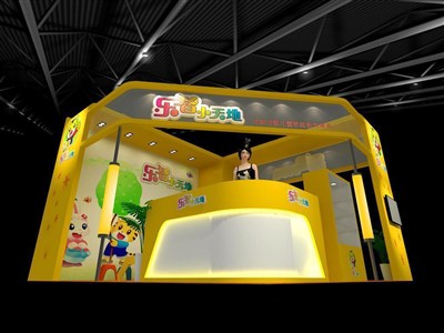 36平米展臺設計制作：一面開口/現(xiàn)代/木質(zhì)結構/黃色，為嬰幼展展商而作（免費使用）