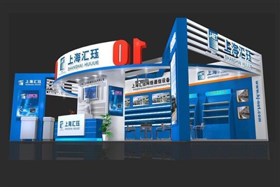 60.5平米展臺設(shè)計制作：三面開口/現(xiàn)代/型材結(jié)構(gòu)/藍色，為電子展展商而作（免費使用）