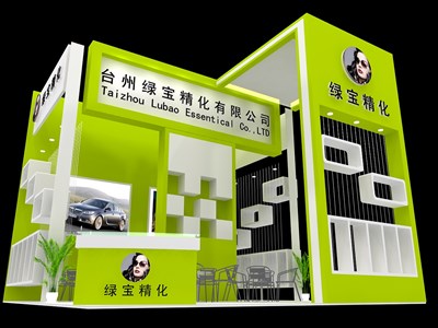 36平米展臺(tái)設(shè)計(jì)制作：三面開(kāi)口/現(xiàn)代/木質(zhì)結(jié)構(gòu)/綠色，為化工展展商而作（免費(fèi)使用）