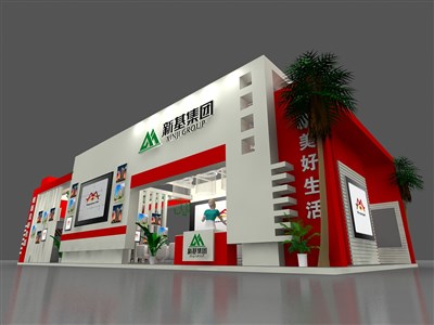 96平米展臺設(shè)計(jì)制作：三面開口/現(xiàn)代/木質(zhì)結(jié)構(gòu)/紅色，為房產(chǎn)展展商而作（免費(fèi)使用）