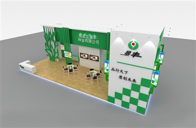 90平米展臺設(shè)計制作：二面開口/現(xiàn)代/木質(zhì)結(jié)構(gòu)/綠色，為綜合展展商而作（免費使用）