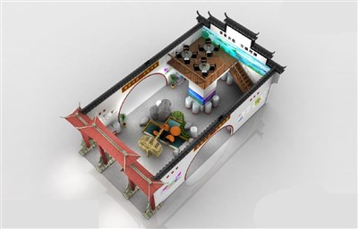 91平米展臺設計制作：三面開口/中式/雙層結構/彩色，為綜合展展商而作（免費使用）