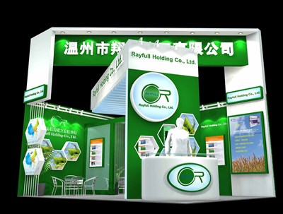 27平米展臺設(shè)計制作：二面開口/現(xiàn)代/木質(zhì)結(jié)構(gòu)/綠色，為化工展展商而作（免費使用）