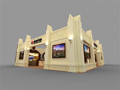 168平米展臺設(shè)計制作：二面開口/歐式/木質(zhì)結(jié)構(gòu)/米色，為房產(chǎn)展展商而作（免費(fèi)使用）