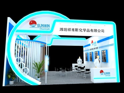 42平米展臺(tái)設(shè)計(jì)制作：二面開口/現(xiàn)代/木質(zhì)結(jié)構(gòu)/白色，為化工展展商而作（免費(fèi)使用）