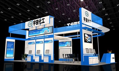 72平米展臺設(shè)計制作：四面開口/現(xiàn)代/木質(zhì)結(jié)構(gòu)/藍色，為化工展展商而作（免費使用）