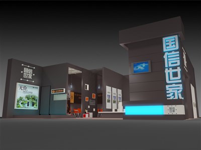 120平米展臺(tái)設(shè)計(jì)制作：二面開口/現(xiàn)代/木質(zhì)結(jié)構(gòu)/黑色，為房產(chǎn)展展商而作（免費(fèi)使用）