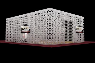192平米展臺設計制作：一面開口/前衛(wèi)/型材結(jié)構/白色，為家具展展商而作（免費使用）