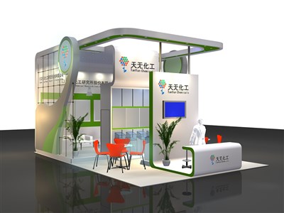 54平米展臺設(shè)計(jì)制作：三面開口/現(xiàn)代/木質(zhì)結(jié)構(gòu)/白色，為化工展展商而作（免費(fèi)使用）