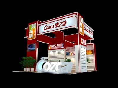 36平米展臺設(shè)計制作：三面開口/現(xiàn)代/木質(zhì)結(jié)構(gòu)/紅色，為綜合展展商而作（免費(fèi)使用）