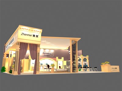135平米展臺設計制作：三面開口/現(xiàn)代/木質結構/米色，為家具展展商而作（免費使用）