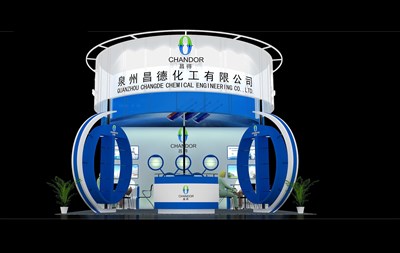 36平米展臺設(shè)計(jì)制作：三面開口/現(xiàn)代/木質(zhì)結(jié)構(gòu)/藍(lán)色，為化工展展商而作（免費(fèi)使用）