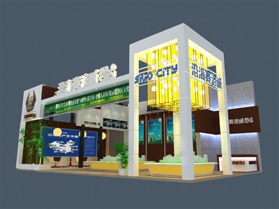 48平米展臺設(shè)計制作：二面開口/前衛(wèi)/木質(zhì)結(jié)構(gòu)/咖啡色，為房產(chǎn)展展商而作（免費使用）