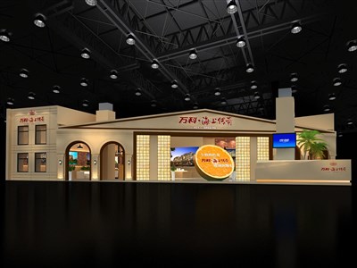 360平米展臺設(shè)計(jì)制作：一面開口/中式/木質(zhì)結(jié)構(gòu)/黃色，為房產(chǎn)展展商而作（免費(fèi)使用）