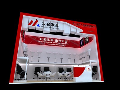 12平米展臺設(shè)計制作：一面開口/現(xiàn)代/型材結(jié)構(gòu)/紅色，為家具展展商而作（免費使用）