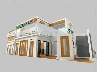 80平米展臺設計制作：三面開口/現(xiàn)代/雙層結構/咖啡色，為家具展展商而作（免費使用）