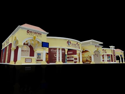161平米展臺設(shè)計制作：三面開口/歐式/型材結(jié)構(gòu)/米色，為房產(chǎn)展展商而作（免費使用）
