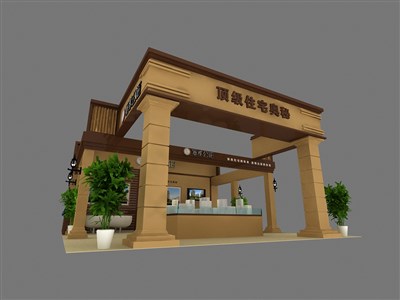 81平米展臺設計制作：三面開口/前衛(wèi)/木質(zhì)結構/米色，為房產(chǎn)展展商而作（免費使用）