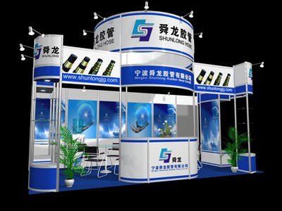 18平米展臺設計制作：三面開口/現(xiàn)代/型材結(jié)構(gòu)/藍色，為建材展展商而作（免費使用）