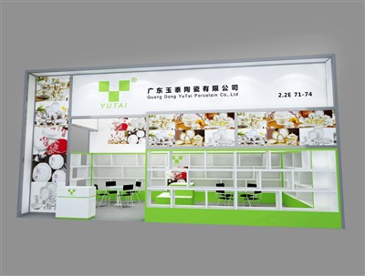 36平米展臺設(shè)計制作：二面開口/現(xiàn)代/木質(zhì)結(jié)構(gòu)/綠色，為日用品展展商而作（免費(fèi)使用）