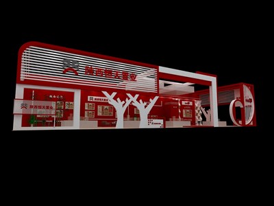 55平米展臺設(shè)計制作：三面開口/現(xiàn)代/型材結(jié)構(gòu)/紅色，為房產(chǎn)展展商而作（免費使用）