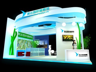 48平米展臺設(shè)計(jì)制作：三面開口/現(xiàn)代/型材結(jié)構(gòu)/彩色，為房產(chǎn)展展商而作（免費(fèi)使用）