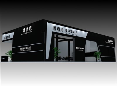 54平米展臺(tái)設(shè)計(jì)制作：三面開口/現(xiàn)代/型材結(jié)構(gòu)/黑色，為家具展展商而作（免費(fèi)使用）