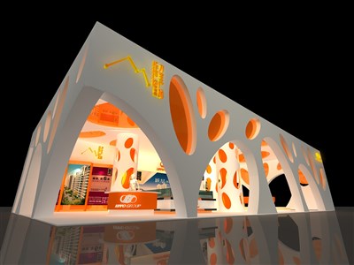 360平米展臺設計制作：三面開口/前衛(wèi)/木質(zhì)結(jié)構(gòu)/橙色，為房產(chǎn)展展商而作（免費使用）