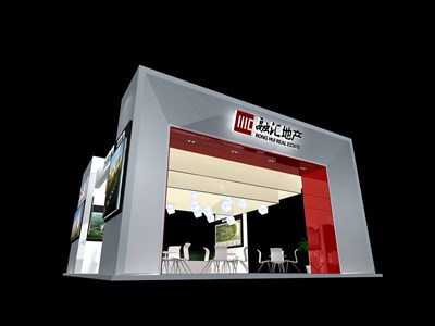 81平米展臺設計制作：四面開口/現(xiàn)代/木質(zhì)結構/紅色，為房產(chǎn)展展商而作（免費使用）