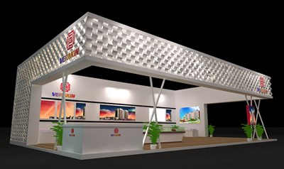 96平米展臺設(shè)計制作：三面開口/前衛(wèi)/木質(zhì)結(jié)構(gòu)/白色，為房產(chǎn)展展商而作（免費使用）