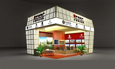60平米展臺設(shè)計制作：二面開口/前衛(wèi)/型材結(jié)構(gòu)/米色，為房產(chǎn)展展商而作（免費使用）