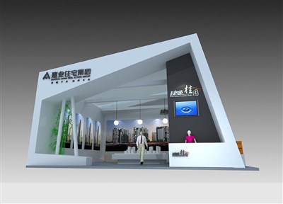 49平米展臺(tái)設(shè)計(jì)制作：二面開(kāi)口/前衛(wèi)/木質(zhì)結(jié)構(gòu)/灰色，為房產(chǎn)展展商而作（免費(fèi)使用）