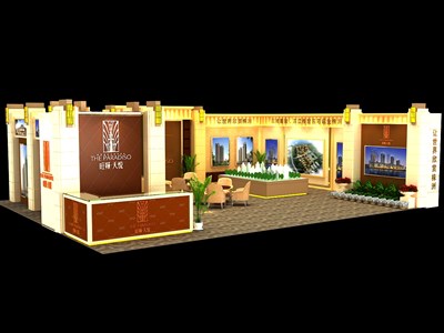 88平米展臺設(shè)計(jì)制作：二面開口/歐式/木質(zhì)結(jié)構(gòu)/米色，為房產(chǎn)展展商而作（免費(fèi)使用）