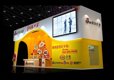 36平米展臺設(shè)計制作：二面開口/現(xiàn)代/型材結(jié)構(gòu)/黃色，為房產(chǎn)展展商而作（免費使用）