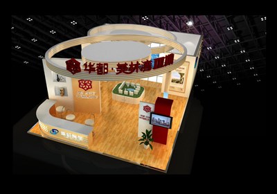 88平米展臺設(shè)計制作：三面開口/前衛(wèi)/木質(zhì)結(jié)構(gòu)/米色，為房產(chǎn)展展商而作（免費(fèi)使用）