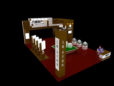 56平米展臺(tái)設(shè)計(jì)制作：四面開(kāi)口/現(xiàn)代/木質(zhì)結(jié)構(gòu)/咖啡色，為房產(chǎn)展展商而作（免費(fèi)使用）