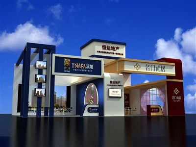 78平米展臺(tái)設(shè)計(jì)制作：二面開口/歐式/木質(zhì)結(jié)構(gòu)/彩色，為房產(chǎn)展展商而作（免費(fèi)使用）