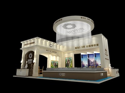 190平米展臺設(shè)計制作：四面開口/歐式/木質(zhì)結(jié)構(gòu)/米色，為房產(chǎn)展展商而作（免費(fèi)使用）