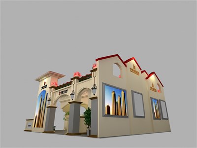 90平米展臺(tái)設(shè)計(jì)制作：三面開口/歐式/木質(zhì)結(jié)構(gòu)/米色，為房產(chǎn)展展商而作（免費(fèi)使用）