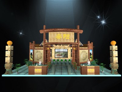 117平米展臺設計制作：一面開口/中式/木質(zhì)結(jié)構(gòu)/咖啡色，為旅游展展商而作（免費使用）