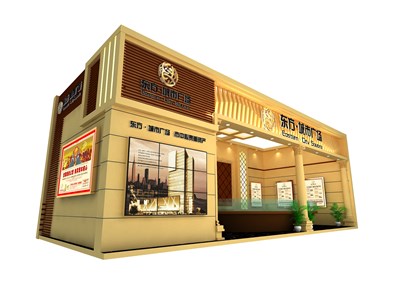 40平米展臺設(shè)計制作：一面開口/歐式/木質(zhì)結(jié)構(gòu)/米色，為房產(chǎn)展展商而作（免費使用）