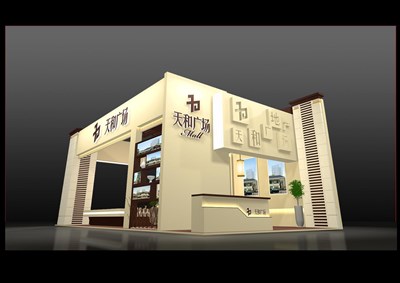 60平米展臺(tái)設(shè)計(jì)制作：三面開口/歐式/木質(zhì)結(jié)構(gòu)/米色，為房產(chǎn)展展商而作（免費(fèi)使用）