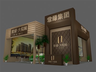 90平米展臺(tái)設(shè)計(jì)制作：二面開(kāi)口/前衛(wèi)/木質(zhì)結(jié)構(gòu)/咖啡色，為房產(chǎn)展展商而作（免費(fèi)使用）