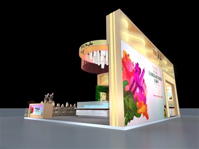 48平米展臺設(shè)計制作：二面開口/前衛(wèi)/木質(zhì)結(jié)構(gòu)/米色，為房產(chǎn)展展商而作（免費(fèi)使用）