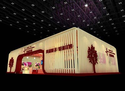 126平米展臺設計制作：一面開口/前衛(wèi)/型材結(jié)構/米色，為房產(chǎn)展展商而作（免費使用）