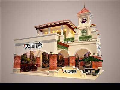 99平米展臺設計制作：二面開口/歐式/雙層結構/米色，為房產展展商而作（免費使用）