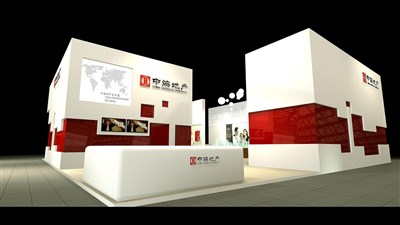 100平米展臺設計制作：二面開口/現(xiàn)代/木質(zhì)結構/紅色，為房產(chǎn)展展商而作（免費使用）