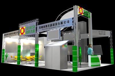 54平米展臺設計制作：三面開口/現(xiàn)代/型材結構/綠色，為能源展展商而作（免費使用）